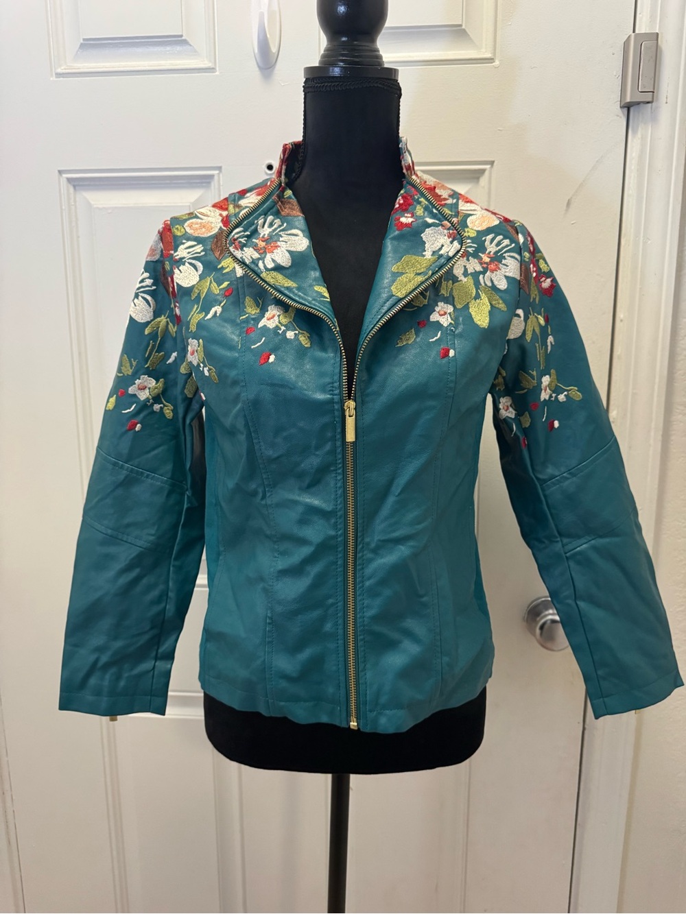 Colleen Lopez Teal Floral Embroidered Leather Jacket